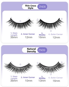 Detailed size chart for ZN08 and ZN09 natural style synthetic fiber eyelashes
