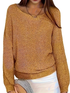 Jersey de punto amarillo mostaza para mujer, ajuste holgado con cuello redondo y manga larga