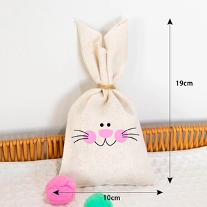 Easter rabbit linen gift bag with cute ears, 19x10cm beige drawstring candy pouch