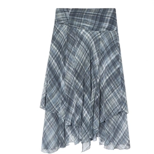 Women Plaid Midi Skirt Artificial Pearl Chiffon Asymmetrical Layered Hem High Waist Streetwear Fashion Elegant Skirts