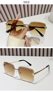 Macro detail of rimless square sunglasses with hand-set crystals and gradient lenses