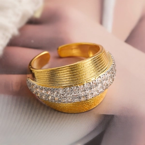 Wide gold-plated textured band ring with sparkling cubic zirconia pavé for women