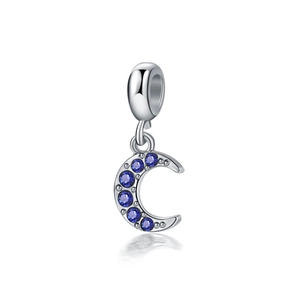 Silver crescent moon pendant charm with inlaid blue gemstone for DIY jewelry making