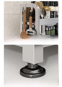 Detail of stainless steel kitchen rack side hooks and adjustable leveling feet