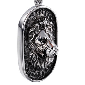 Punk silver lion head pendant necklace with bead chain for men in vintage steel finish