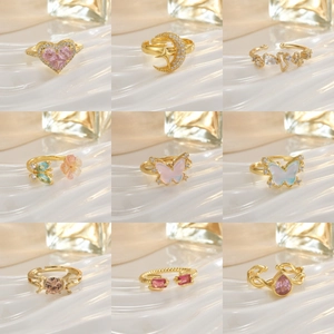 Fashion Korean Style Copper Open Rings For Women Pink Heart Flower Butterfly Crown Inlaid Rhinestone Adjustable Rings Fashion Jewelry