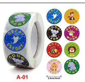 Detail of 1-inch roll motivational stickers with 8 cartoon animals and English phrases