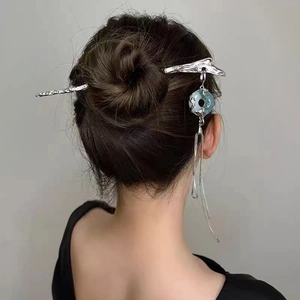 Chinese Style Hair Stick Alloy Lava Texture Imitation Jade Pingan Buckle Detachable Long Tassel Hairpin Dual Use Vintage Women