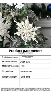 Detailansicht weißer Glitzer-Schneeflocken-Anhänger am Weihnachtsbaum mit Produktdaten-Tabelle