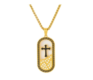 Detail of 18K gold-plated cross pendant with Greek key meander pattern and wheat chain