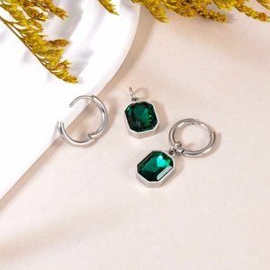 French style stainless steel hoop earrings with detachable emerald green crystal pendants