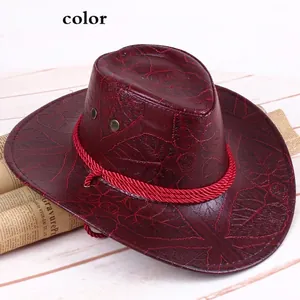 Mahogany western cowboy hat with leaf embossed leather and red woven rope detail