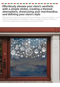 White snowflake and Merry Christmas stickers on a glass window for festive shop decoration