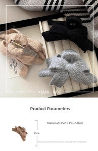 Detail view of 13cm plush bow hair clips in khaki, black, and grey knitted fabric