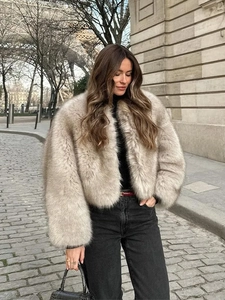 Women Faux Fur Coat Short Fluffy Artificial Fur Jacket Warm Soft Elegant Winter Streetwear Outerwear Long Sleeve