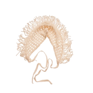 Beige hand-crocheted hollow triangular scarf with fringe details and ties for hair or waist