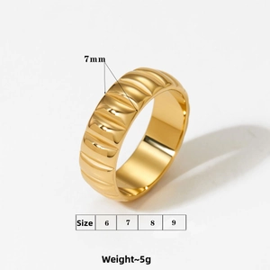 Detailed top view of a 7mm wide 18K gold plated stainless steel ring with ripple texture