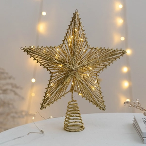 Golden glitter iron Christmas tree topper star with warm LED lights and spiral base