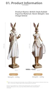 Statuine di coniglio in resina stile inglese con dimensioni e dettagli su sfondo bianco