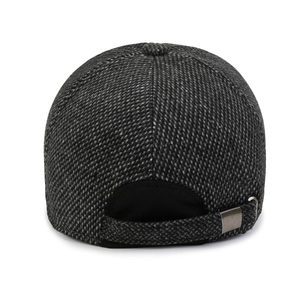 Men's wool blend baseball cap in grey plaid with adjustable metal buckle back view