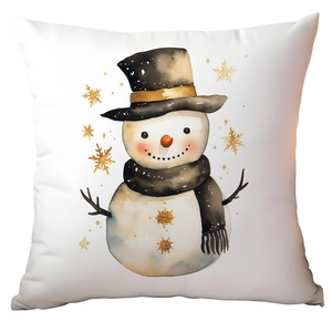Detail of luxury white Christmas pillowcase featuring watercolor snowman and gold snowflakes