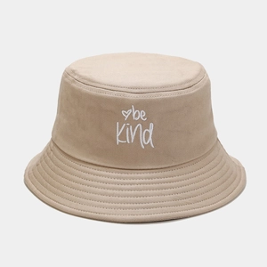 Close-up of be Kind letter heart embroidery on khaki cotton canvas bucket hat