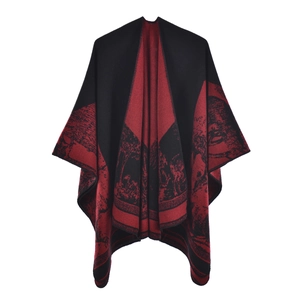Detailed knit texture of red and black ethnic shawl with landscape pattern fringes