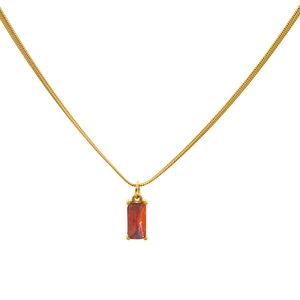 Gold-plated snake chain necklace with a rectangular red zircon pendant in four-prong setting