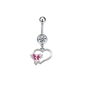 Piercing de nombril argenté avec zircone rose en forme de cœur et cristal blanc