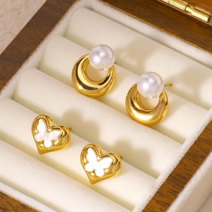 18K Gold Plated Stainless Steel Earrings Artificial Pearl Hoop Butterfly Heart Shell Stud French Elegant Jewelry For Women