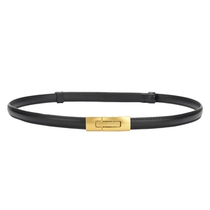 Slim black leather belt for women featuring a minimalist gold metallic buckle design