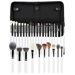 30-piece professional white and silver makeup brush set with black zippered organizer case