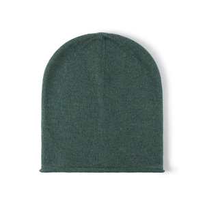 Women's warm dark green rabbit fur knit beanie hat featuring a soft texture and rolled hem