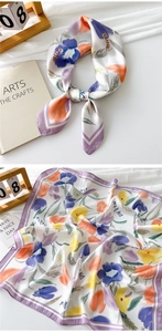 Artistic floral silk square scarf with purple tulip prints and soft drape texture