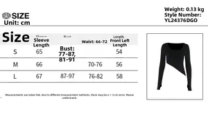 Detailed size chart for the women's slim fit asymmetric tee with precise cm measurements
