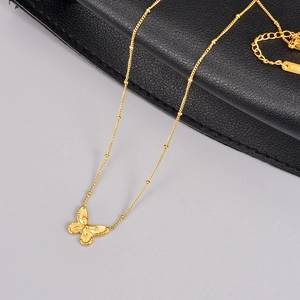 18K gold plated stainless steel 3D butterfly pendant necklace with bead chain design