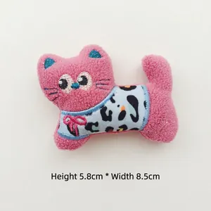 Pink plush cat patch with leopard print vest and bow, dimensions 5.8cm x 8.5cm