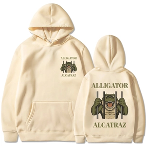 Alligator Alcatraz beige hoodie with kangaroo pocket and cartoon crocodile graphic prints