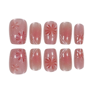 Cat eye press-on nails with pink gradient glitter and hand-painted fireworks art