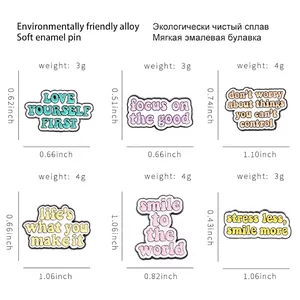 Size guide for alloy enamel quote pins including LOVE, SMILE, and LIFE slogans