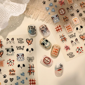Cute coffee and puppy relief 3D nail art stickers with plaid and cat doodle patterns