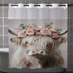 Detail of waffle fabric shower curtain with floral highland cow print and metal grommets