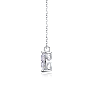 Detailed close-up of a s925 sterling silver necklace featuring a brilliant round moissanite pendant