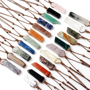 Natural raw crystal and tiger eye stone hexagonal prism pendant necklaces on woven cord