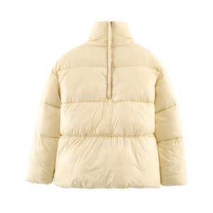 Women's cream quilted puffer jacket with stand collar and half-zip drawstring waist design