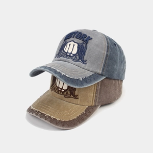 Vintage washed cotton baseball caps with fist embroidery and distressed frayed brims