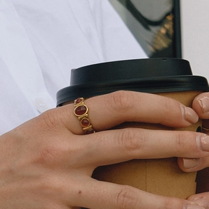 Bague vintage plaquée or pour femme avec pierres œil de tigre ovales incrustées