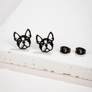 Minimalist matte black stainless steel French Bulldog studs earrings on stone surface
