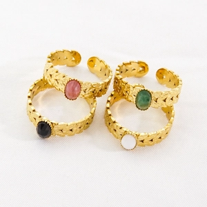 Women Open Ring Stainless Steel Natural Stone Oval Rhodochrosite Agate Adjustable Vintage Leaf Texture Fashion Jewelry