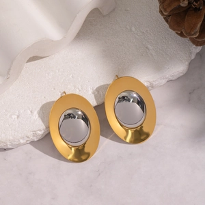 Polished oval geometric earrings in two-tone gold and silver stainless steel design
